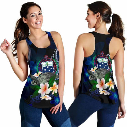 Samoa Polynesian Women Racerback Tank - Turtle With Plumeria Flowers