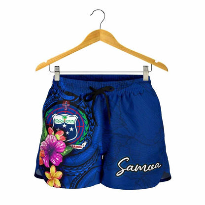 Samoa Polynesian Women Shorts - Floral With Seal Blue