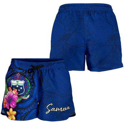 Samoa Polynesian Women Shorts - Floral With Seal Blue