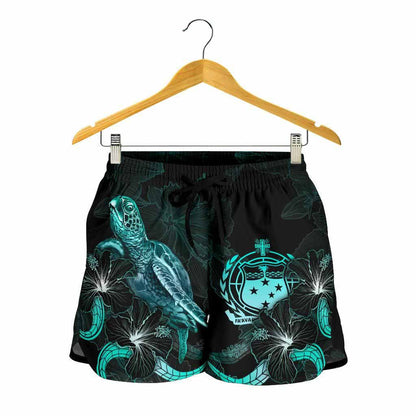 Samoa Polynesian Women Shorts - Turtle With Blooming Hibiscus Turquoise