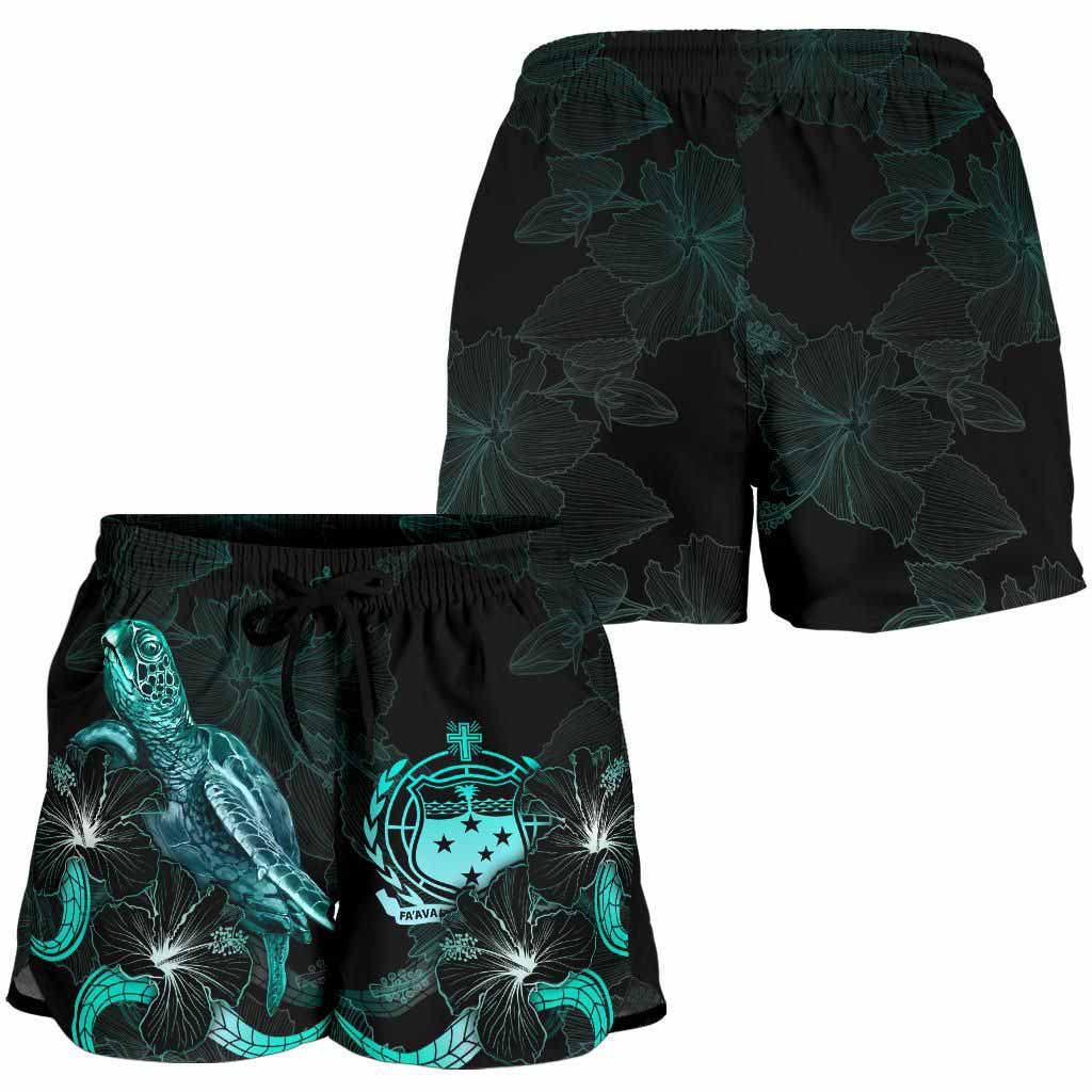 Samoa Polynesian Women Shorts - Turtle With Blooming Hibiscus Turquoise