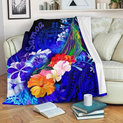 Samoa Premium Blanket - Humpback Whale with Tropical Flowers (Blue)
