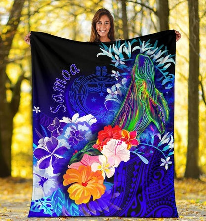 Samoa Premium Blanket - Humpback Whale with Tropical Flowers (Blue)