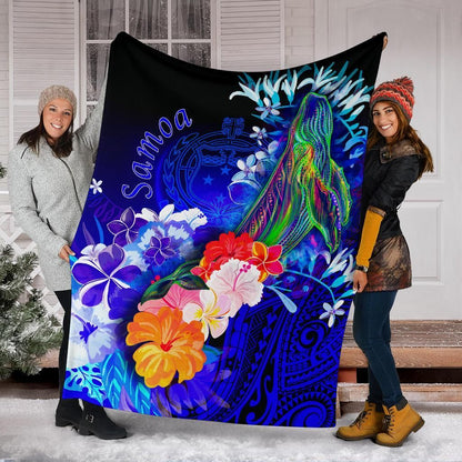 Samoa Premium Blanket - Humpback Whale with Tropical Flowers (Blue)