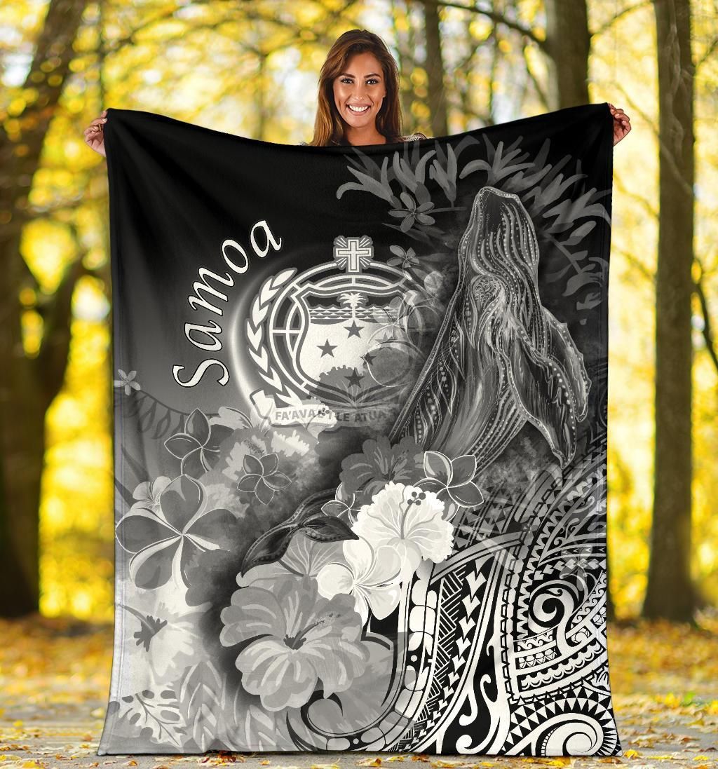 Samoa Premium Blanket - Humpback Whale with Tropical Flowers (White)
