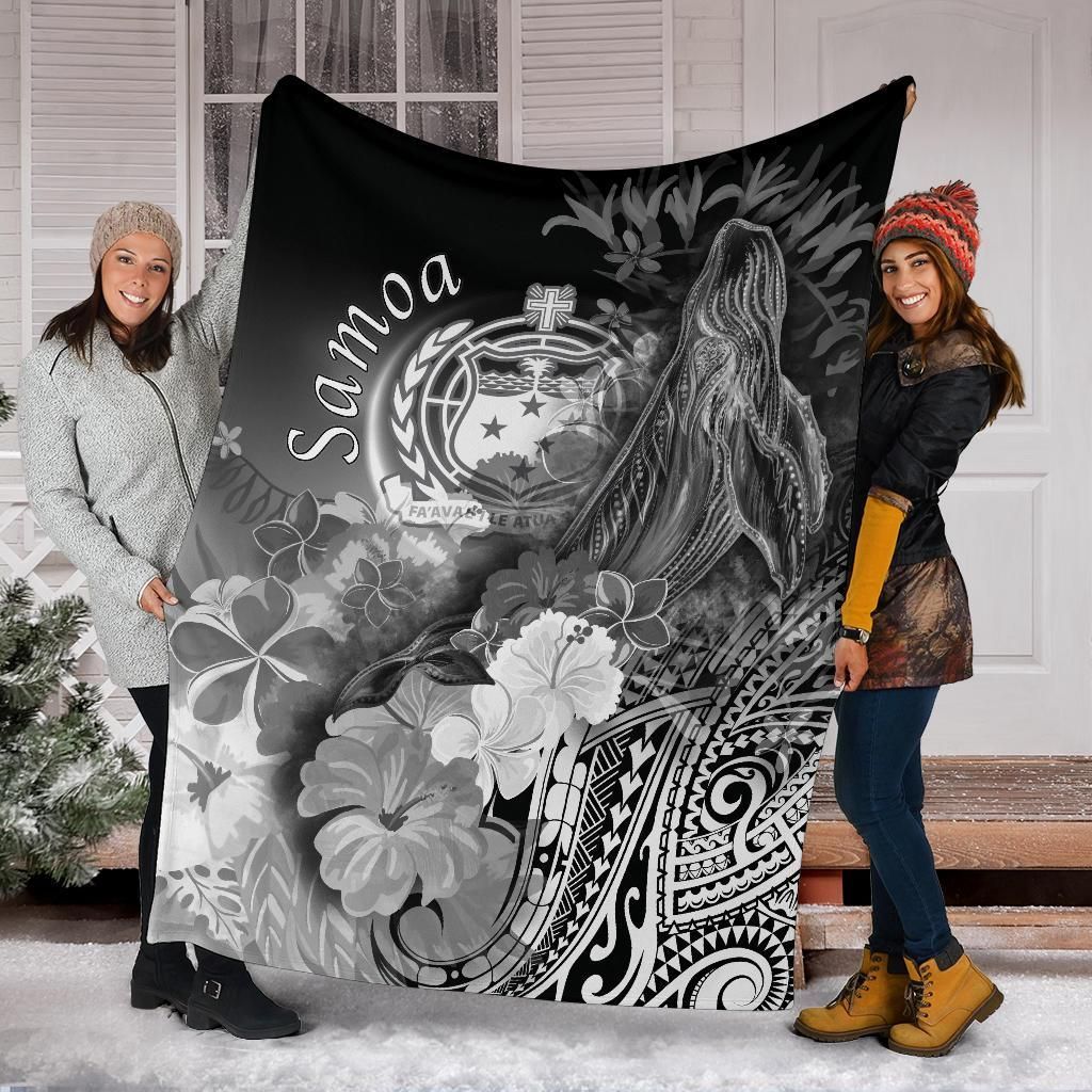 Samoa Premium Blanket - Humpback Whale with Tropical Flowers (White)