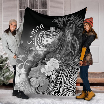 Samoa Premium Blanket - Humpback Whale with Tropical Flowers (White)