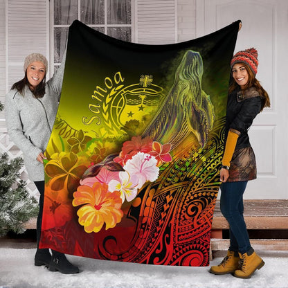 Samoa Premium Blanket- Humpback Whale with Tropical Flowers (Yellow)