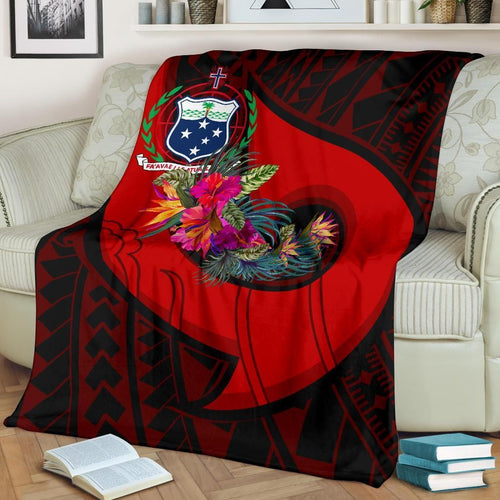 Samoa Premium Blanket - Polynesian Hook And Hibiscus (Red)