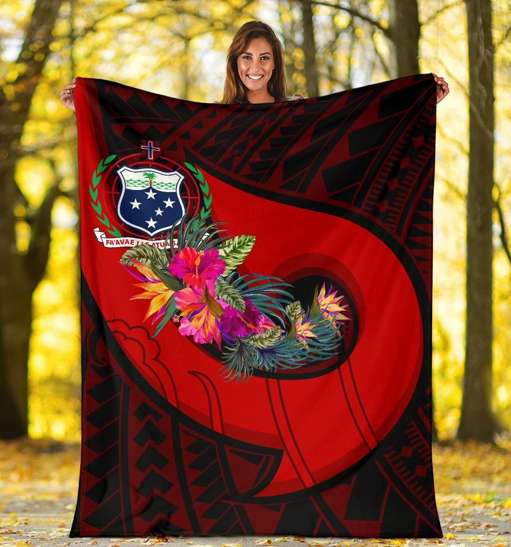 Samoa Premium Blanket - Polynesian Hook And Hibiscus (Red)