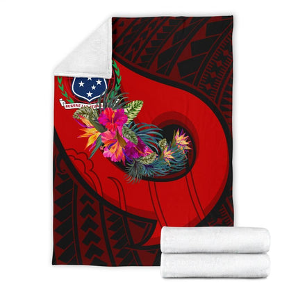 Samoa Premium Blanket - Polynesian Hook And Hibiscus (Red)