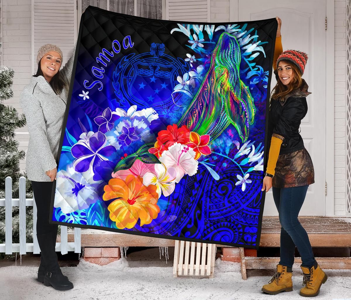 Samoa Premium Quilt - Humpback Whale with Tropical Flowers (Blue)
