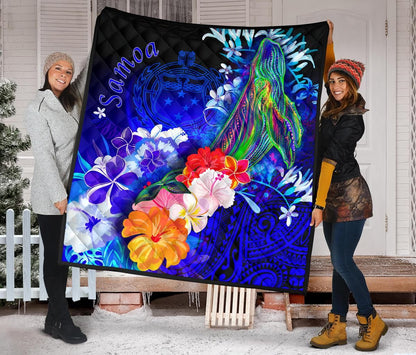 Samoa Premium Quilt - Humpback Whale with Tropical Flowers (Blue)