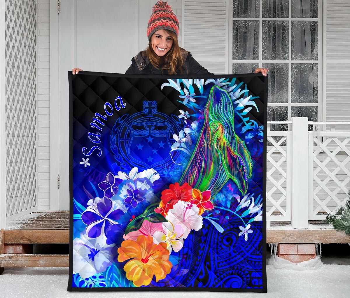 Samoa Premium Quilt - Humpback Whale with Tropical Flowers (Blue)