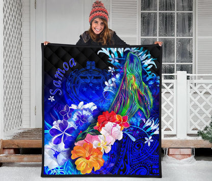 Samoa Premium Quilt - Humpback Whale with Tropical Flowers (Blue)