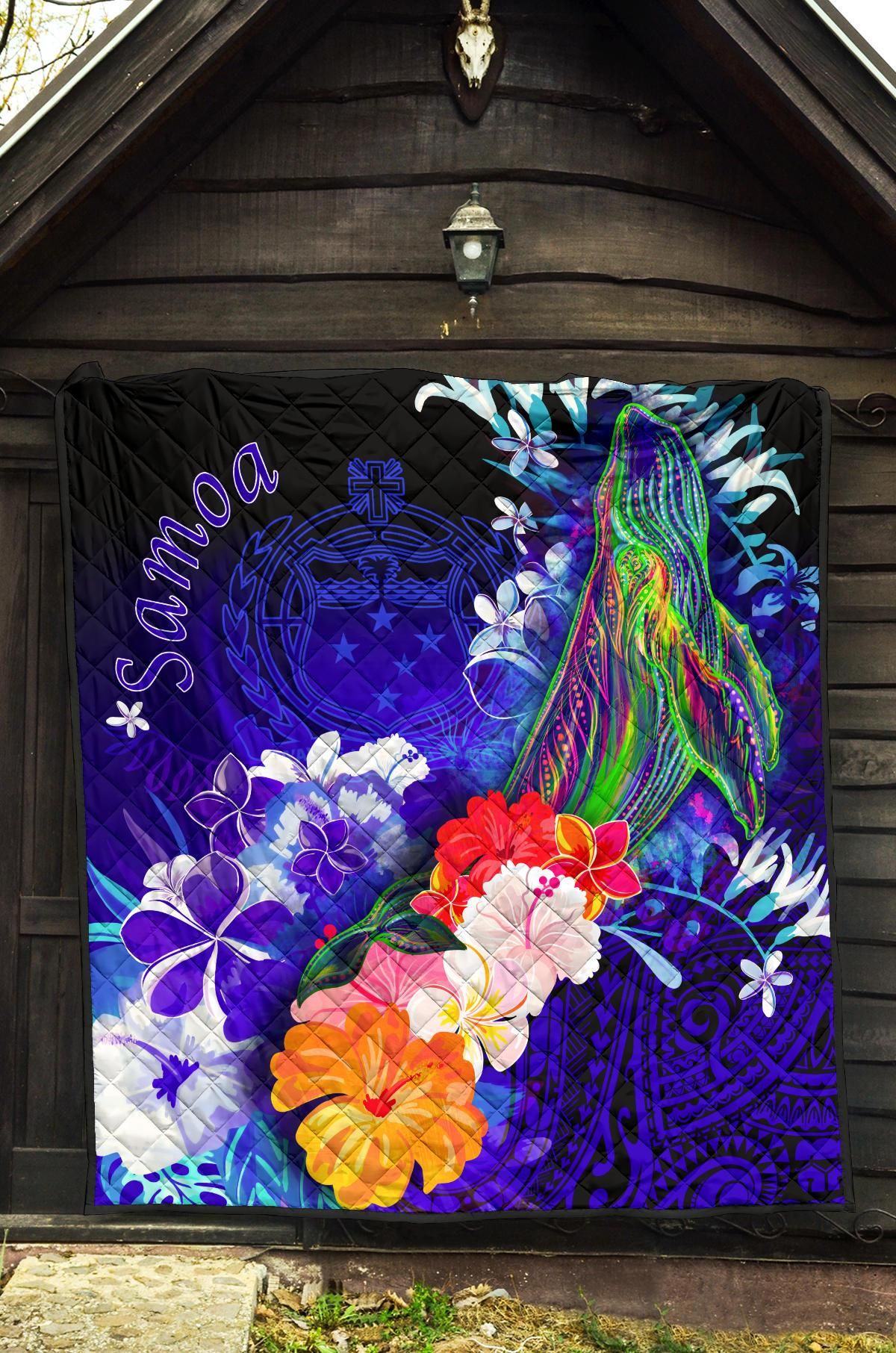 Samoa Premium Quilt - Humpback Whale with Tropical Flowers (Blue)