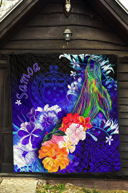 Samoa Premium Quilt - Humpback Whale with Tropical Flowers (Blue)