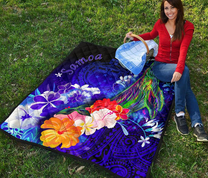 Samoa Premium Quilt - Humpback Whale with Tropical Flowers (Blue)