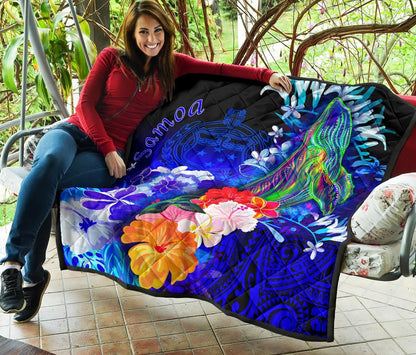 Samoa Premium Quilt - Humpback Whale with Tropical Flowers (Blue)