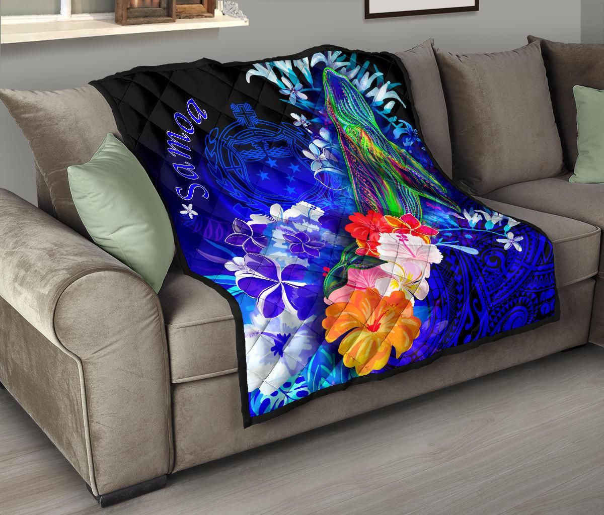 Samoa Premium Quilt - Humpback Whale with Tropical Flowers (Blue)