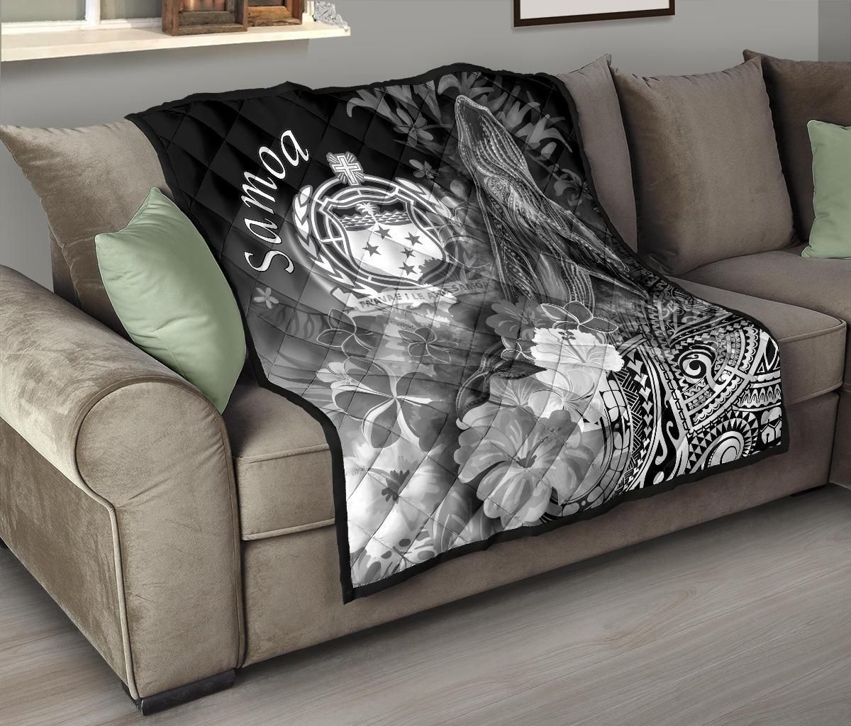 Samoa Premium Quilt - Humpback Whale with Tropical Flowers (White)