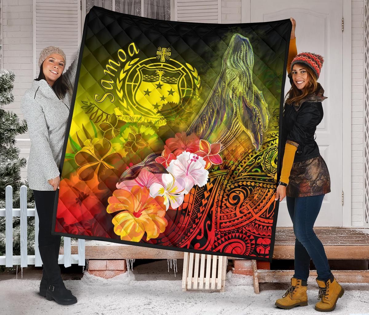 Samoa Premium Quilt- Humpback Whale with Tropical Flowers (Yellow)