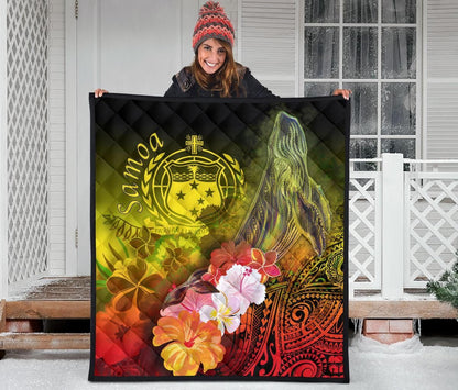 Samoa Premium Quilt- Humpback Whale with Tropical Flowers (Yellow)