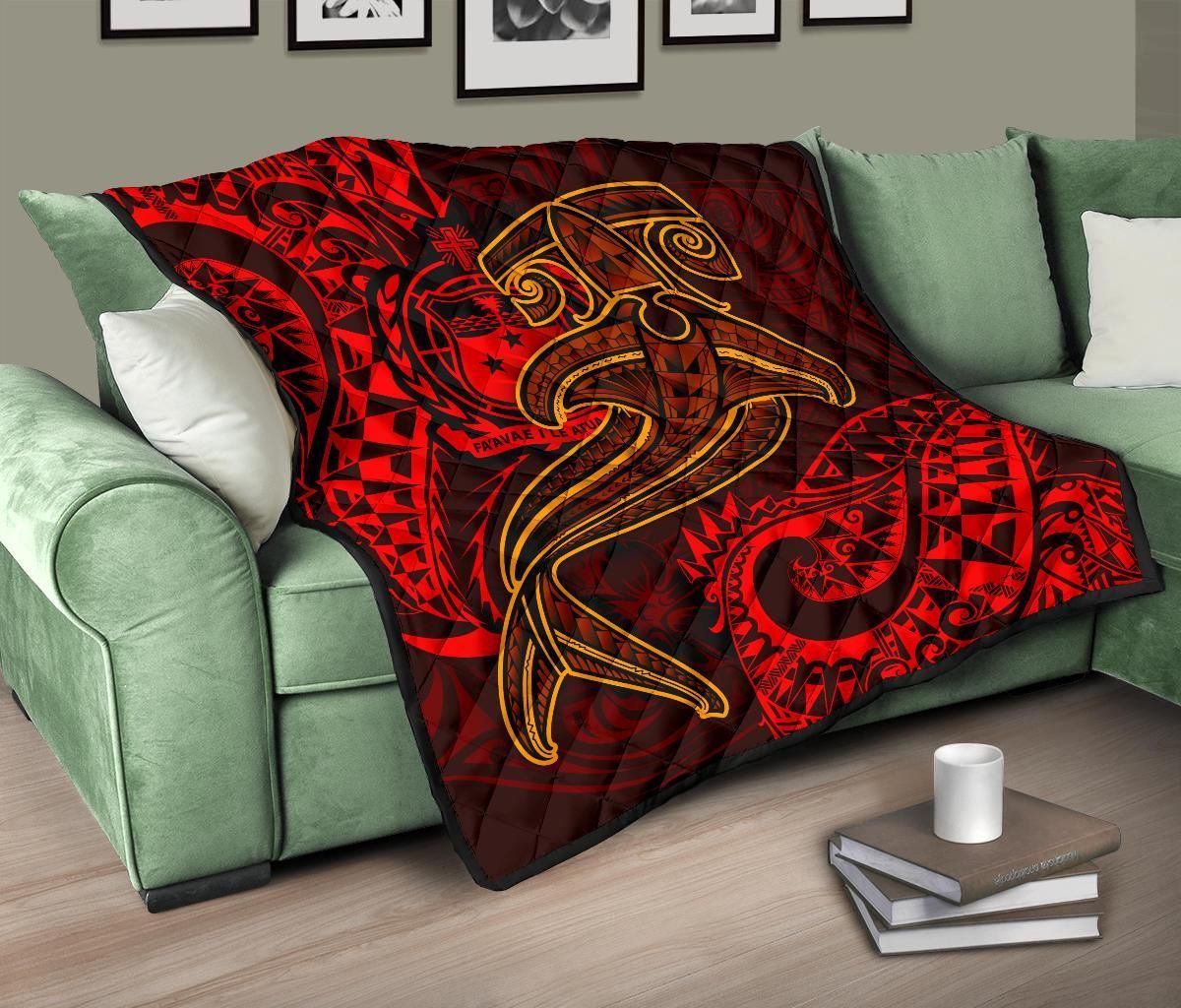 Samoa Premium Quilt - Red Shark Polynesian Tattoo