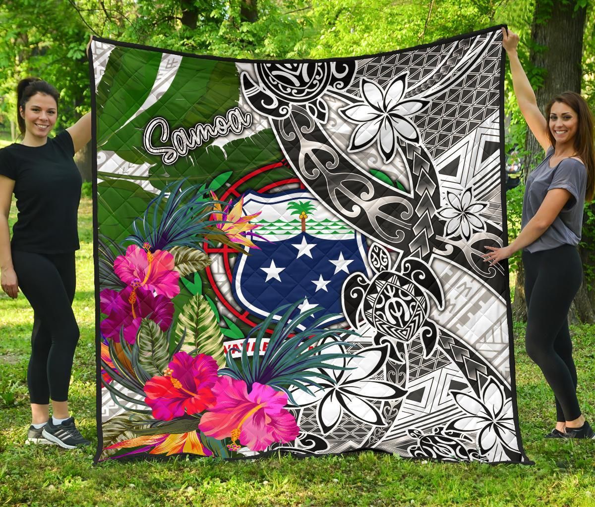 Samoa Premium Quilt White - Turtle Plumeria Banana Leaf