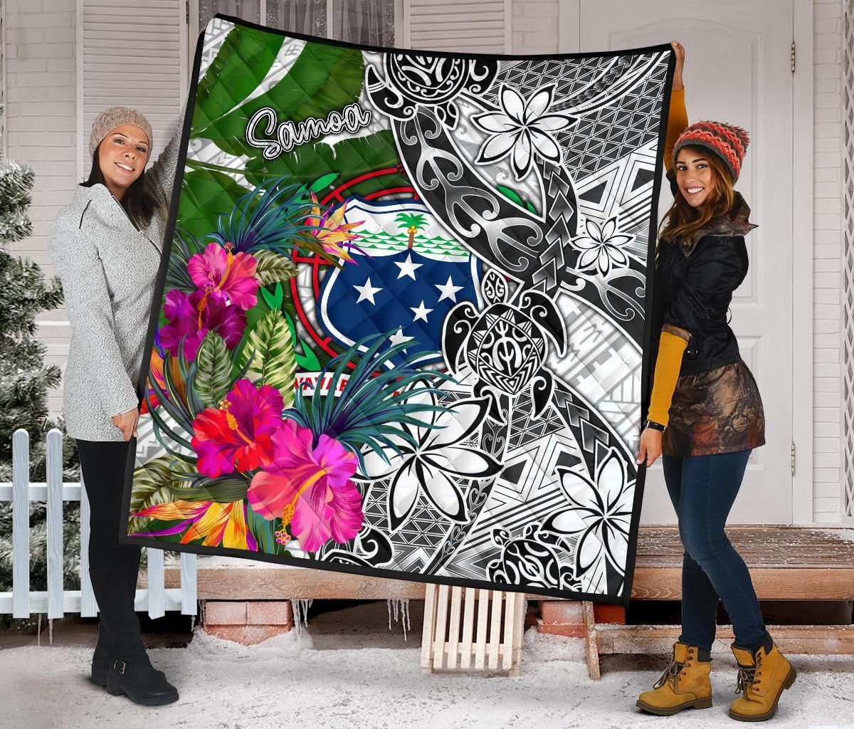 Samoa Premium Quilt White - Turtle Plumeria Banana Leaf