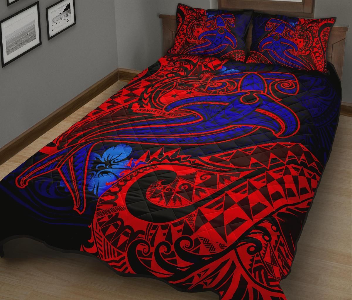 Samoa Quilt Bed Set - Blue Shark Polynesian Tattoo