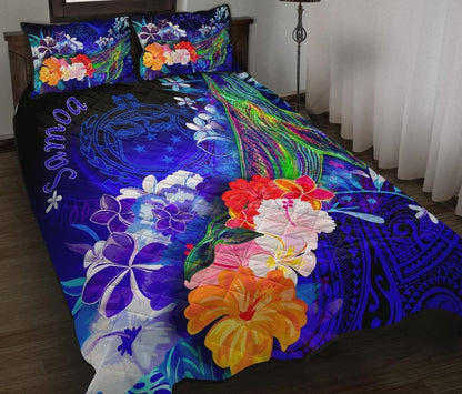 Samoa Quilt Bed Set - Humpback Whale with Tropical Flowers (Blue)