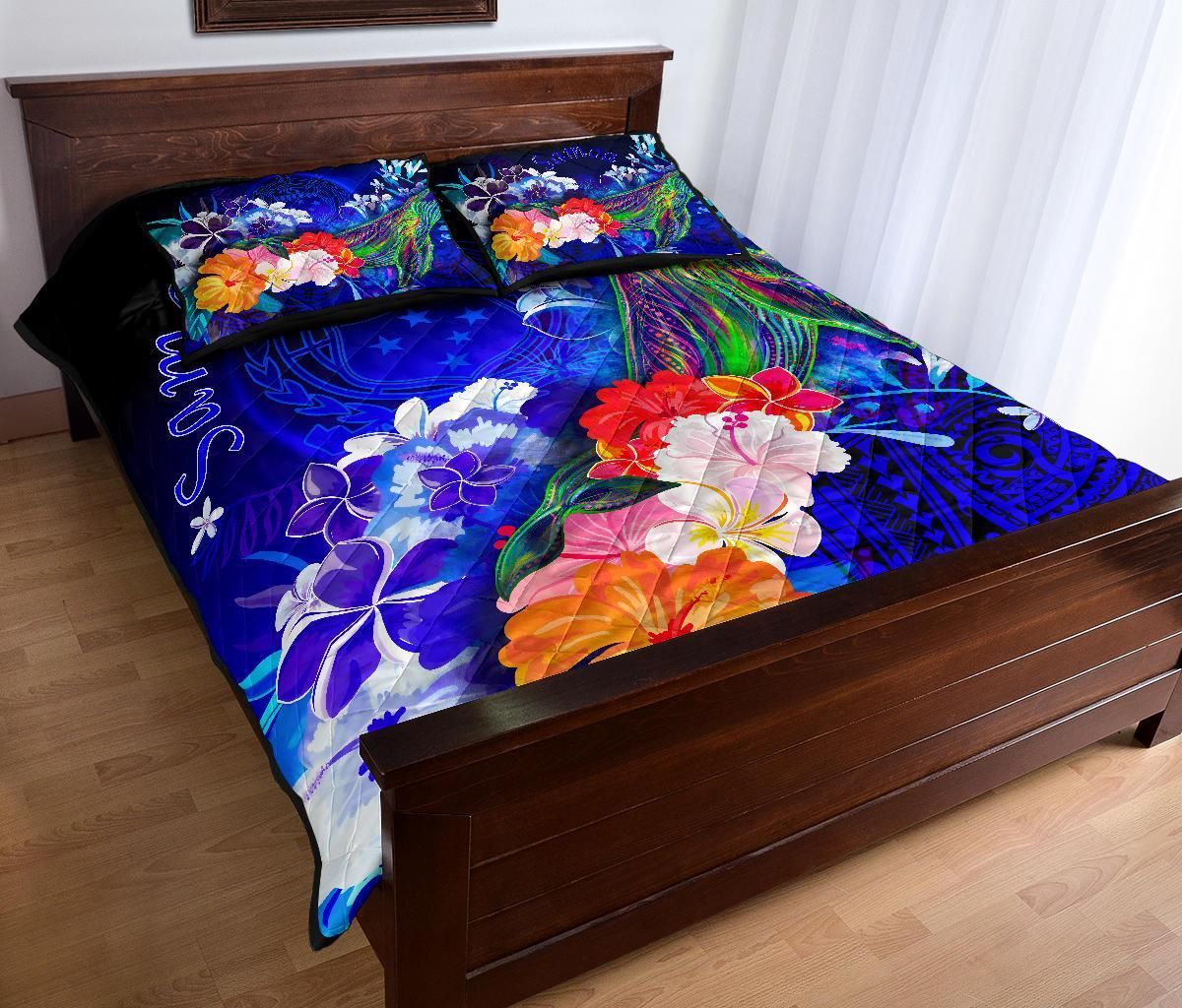 Samoa Quilt Bed Set - Humpback Whale with Tropical Flowers (Blue)