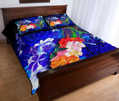 Samoa Quilt Bed Set - Humpback Whale with Tropical Flowers (Blue)