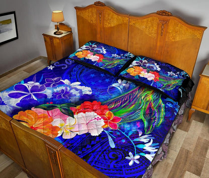 Samoa Quilt Bed Set - Humpback Whale with Tropical Flowers (Blue)
