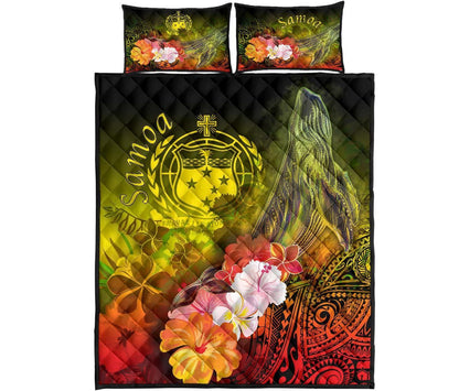Samoa Quilt Bed Set- Humpback Whale with Tropical Flowers (Yellow)