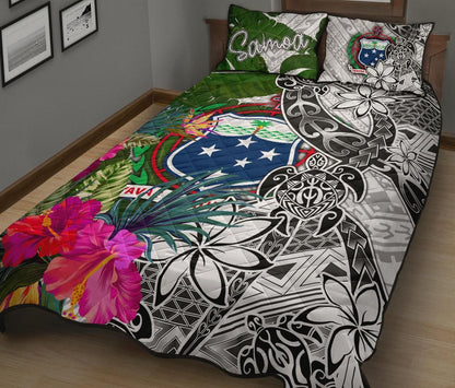 Samoa Quilt Bed Set White - Turtle Plumeria Banana Leaf