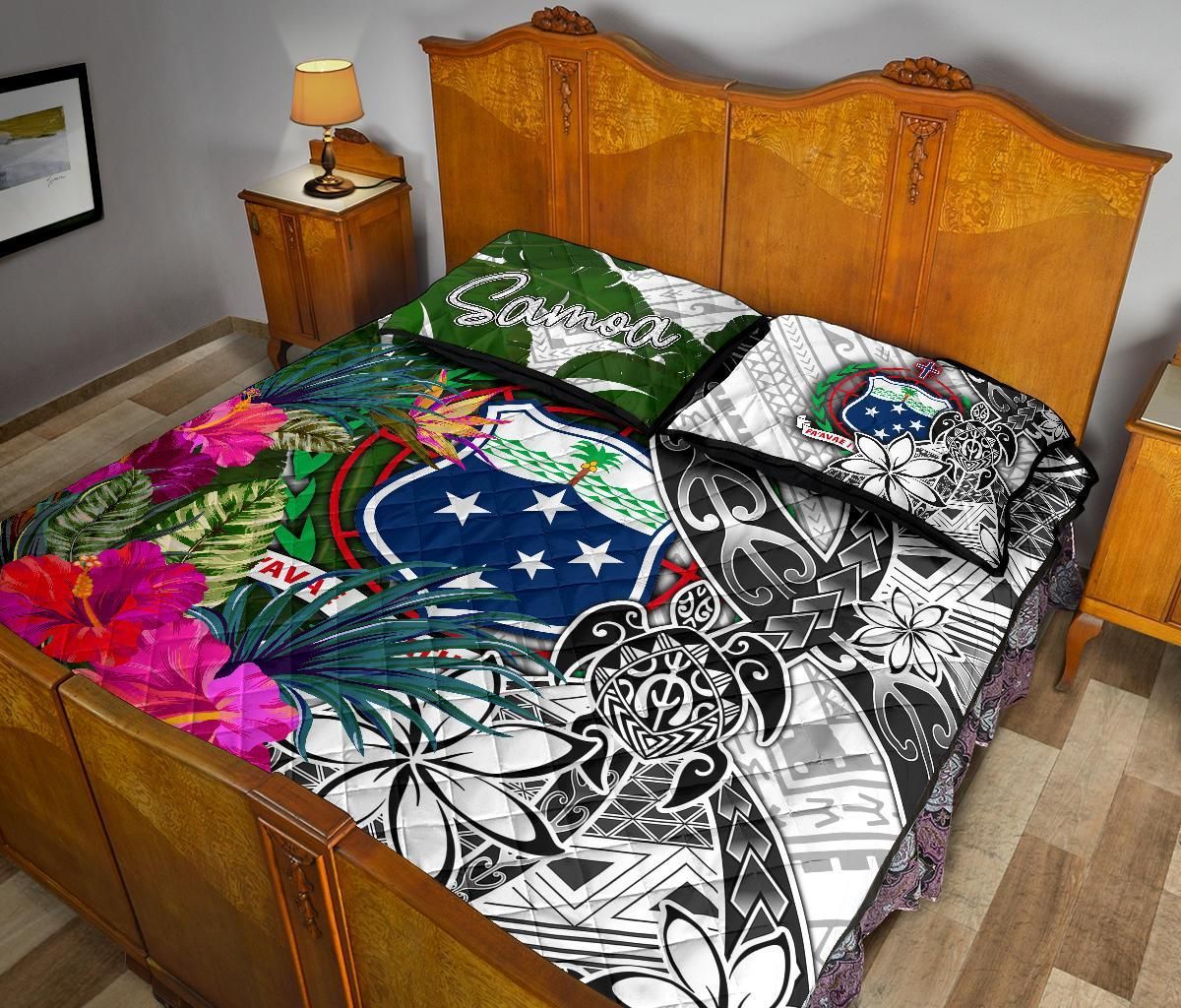 Samoa Quilt Bed Set White - Turtle Plumeria Banana Leaf