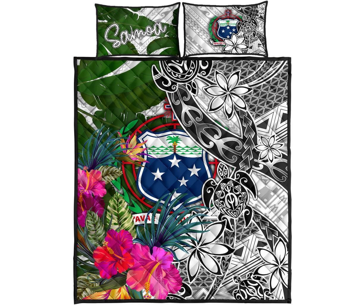 Samoa Quilt Bed Set White - Turtle Plumeria Banana Leaf