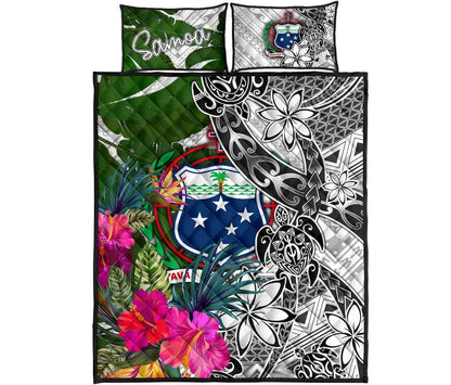 Samoa Quilt Bed Set White - Turtle Plumeria Banana Leaf