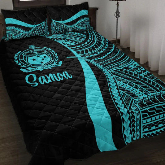 Samoa Quilt Bed Set - Turquoise Polynesian Tentacle Tribal Pattern