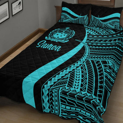 Samoa Quilt Bed Set - Turquoise Polynesian Tentacle Tribal Pattern