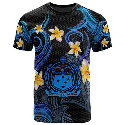 Samoa T-shirt - Custom Personalised Polynesian Waves with Plumeria Flowers (Blue)