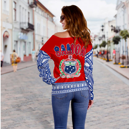 Samoa Off Shoulder Sweatshirt Tribal Polynesia Printed Flag Simple Style