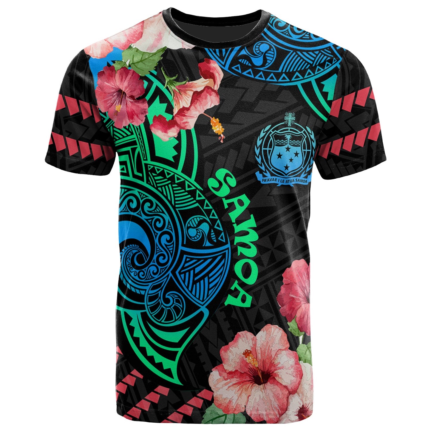 Samoa T-Shirt - Polynesian Pride with Hibicus Flower Tribal Pattern