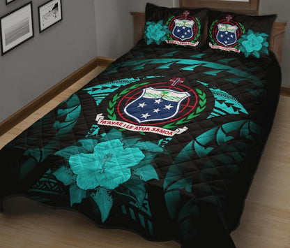 Samoa Polynesian Quilt Bed Set Hibiscus Turquoise