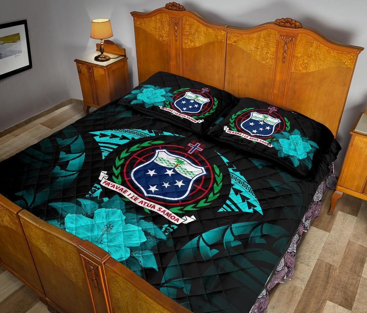 Samoa Polynesian Quilt Bed Set Hibiscus Turquoise