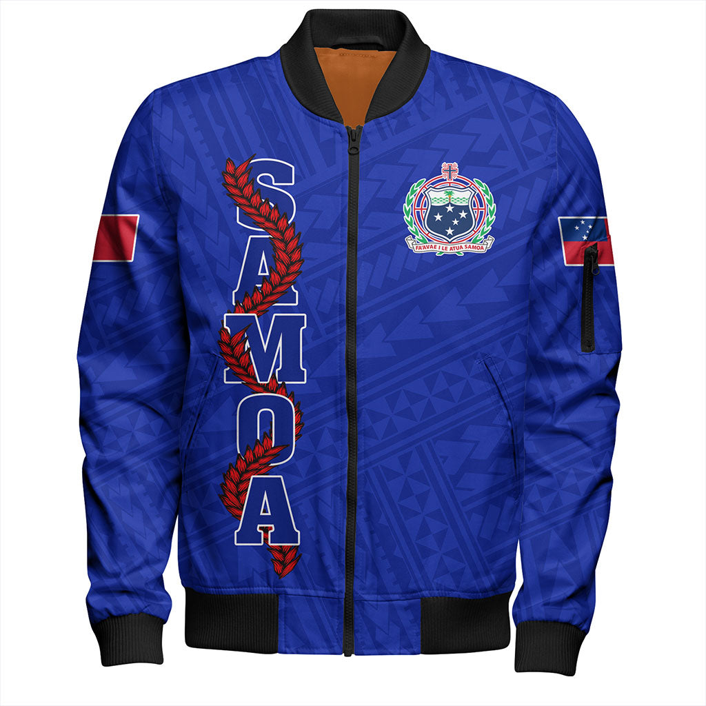 Samoa Bomber Jacket Floral Ulafala Lei Style Blue