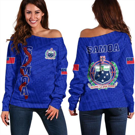 Samoa Off Shoulder Sweatshirt Floral Ulafala Lei Style Blue