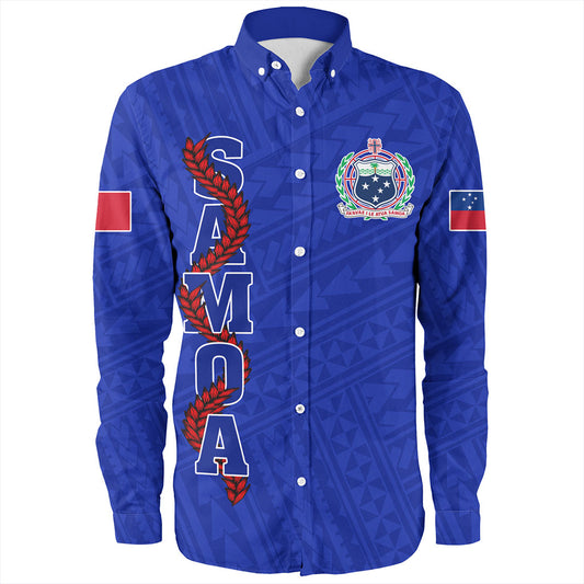 Samoa Long Sleeve Shirt Floral Ulafala Lei Style Blue